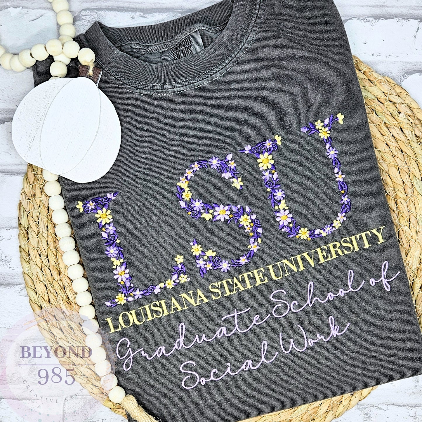 LSU Floral Embroidered T-Shirts: Short Sleeve