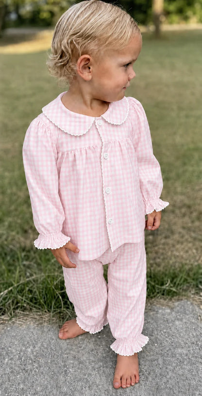 Girls Pink Gingham Pants Set