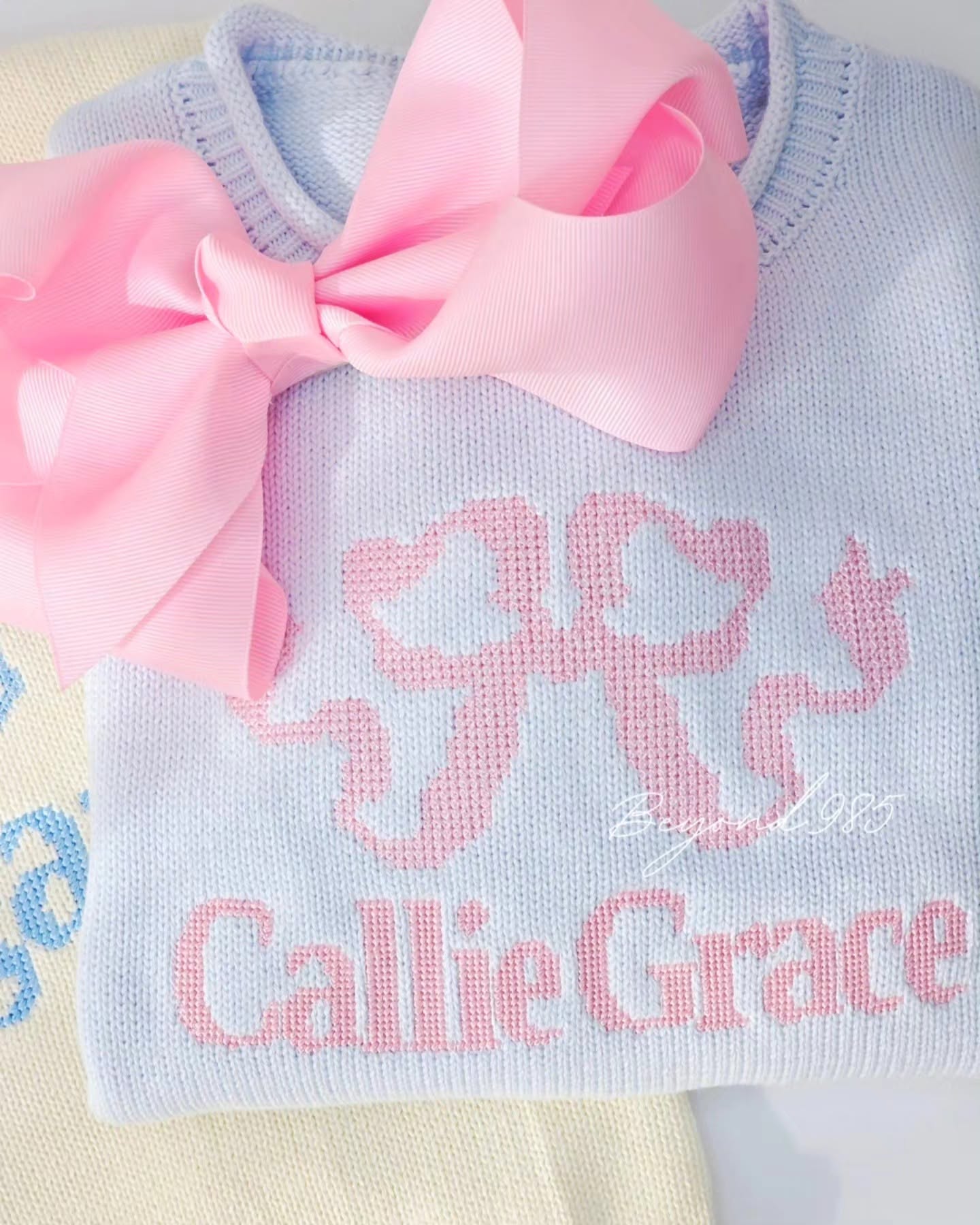 Blue Roll Neck Sweater with Pink Heirloom Bow