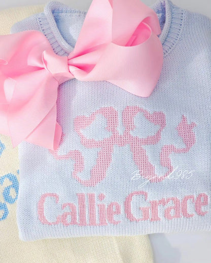 Blue Roll Neck Sweater with Pink Heirloom Bow