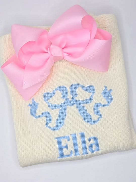 Cream Roll Neck Sweater with Blue Heirloom Bow