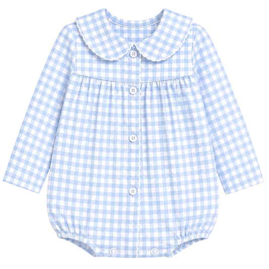 Boys Blue Gingham Long Sleeve Bubble