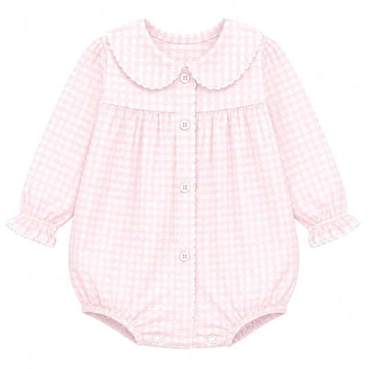 Girls Pink Gingham Long Sleeve Bubble
