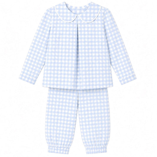 Boys Blue Gingham Pleated Pants Set