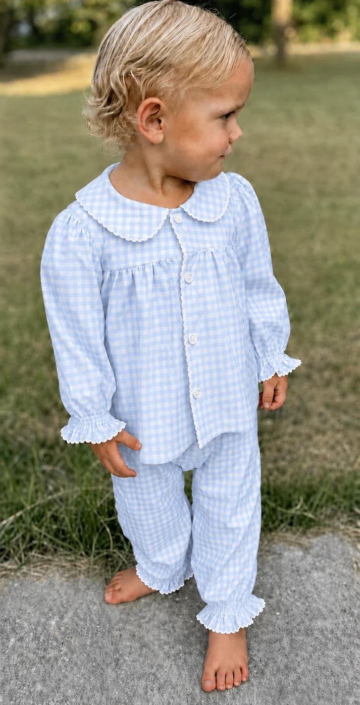 Girls Blue Gingham Ruffle Pants Set