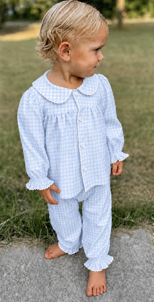 Girls Blue Gingham Ruffle Pants Set