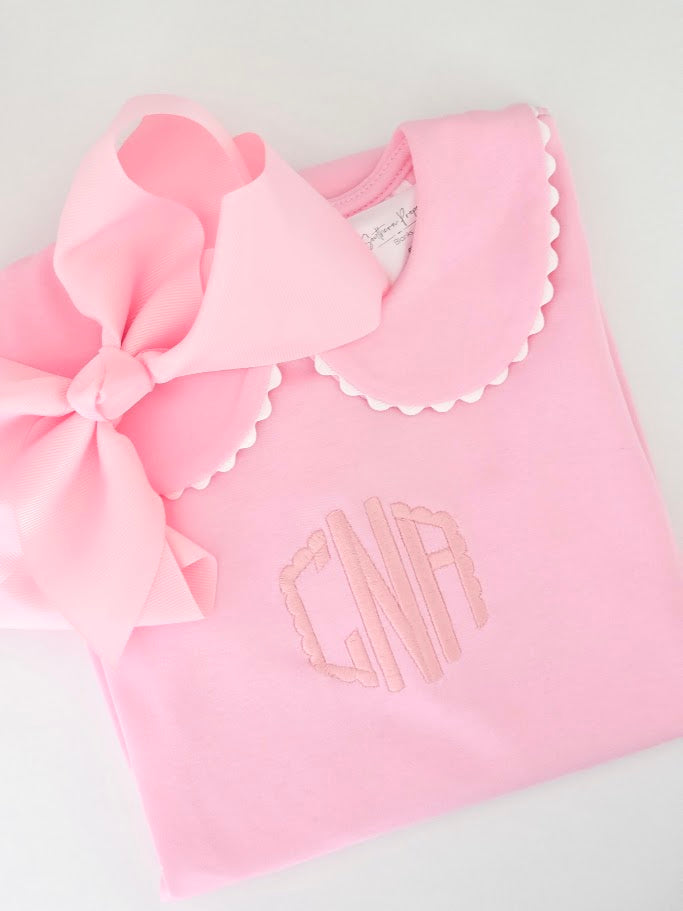 Pink personalized scalloped dress with embroidered monogram and bow