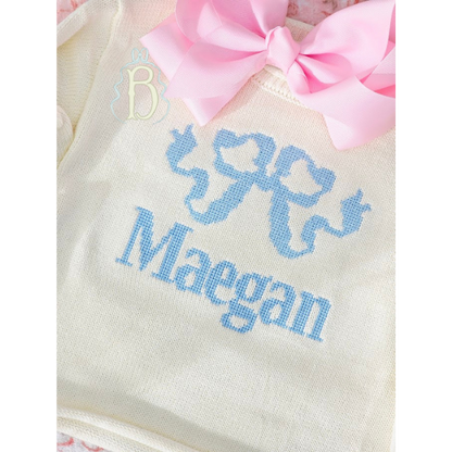Cream Roll Neck Sweater with Blue Heirloom Bow