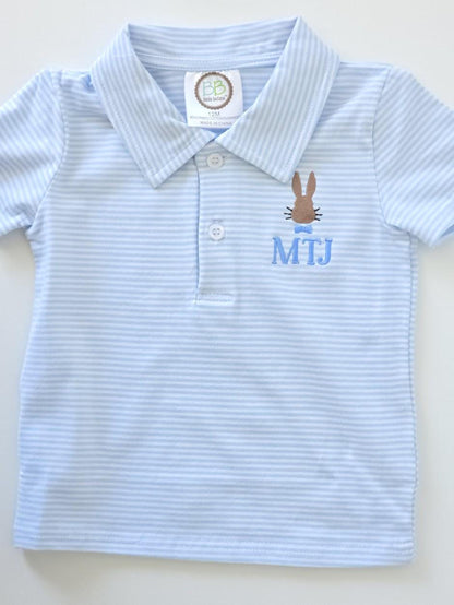 Light blue striped boys Easter polo with bunny embroidery and monogram