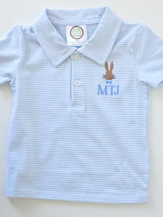 Light blue striped boys Easter polo with bunny embroidery and monogram