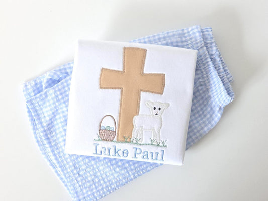 White boys Easter shirt with cross, lamb and Easter basket appliqué
