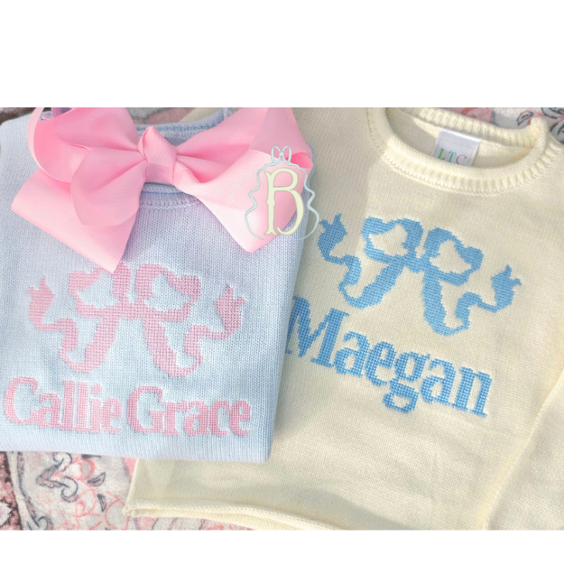 Cream Roll Neck Sweater with Blue Heirloom Bow