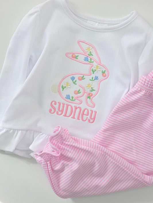 White girls Easter shirt with floral bunny appliqué and embroidered name