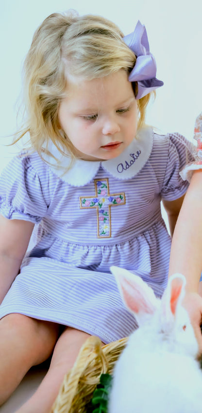 Lavender striped girls Easter dress with floral cross appliqué and embroidered collar
