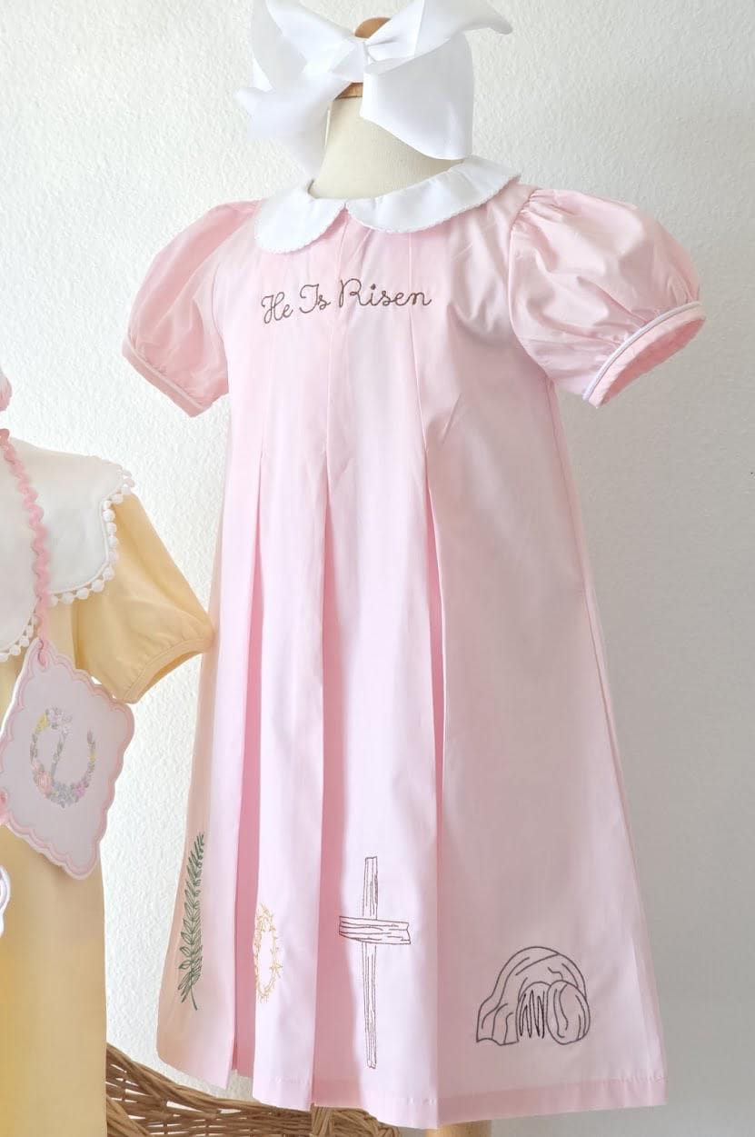 Pink girls He Is Risen Easter dress with embroidered Easter details