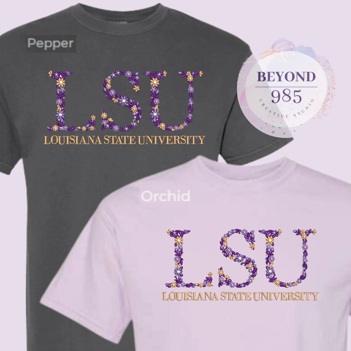 LSU Floral Embroidered T-Shirts: Short Sleeve