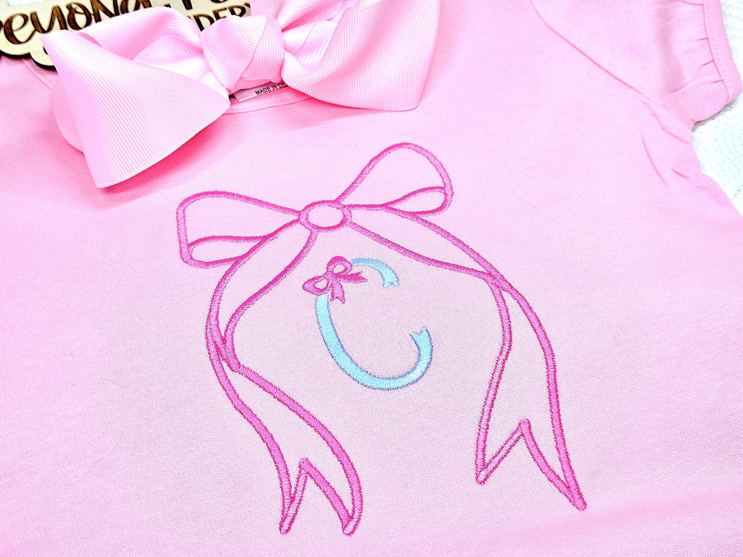 Girls Bow Monogrammed Ruffle Shirt