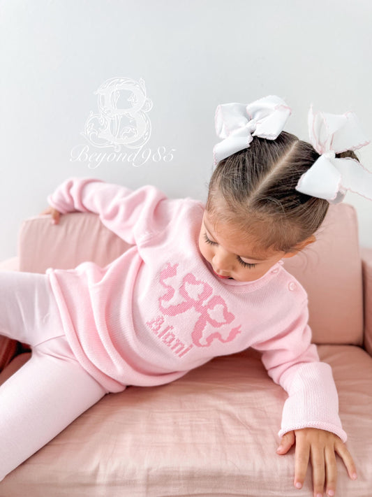Pink Roll Neck Sweater with Pink Heirloom Bow