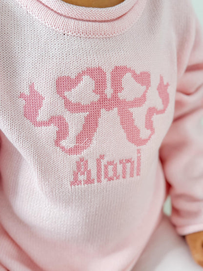 Pink Roll Neck Sweater with Pink Heirloom Bow