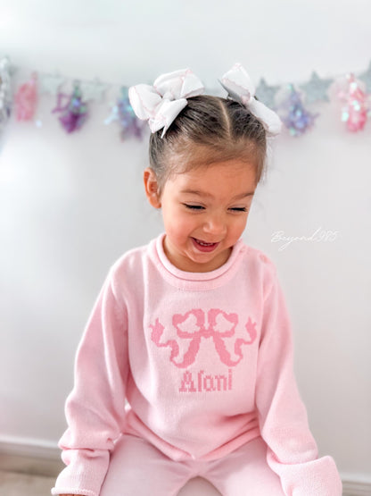 Pink Roll Neck Sweater with Pink Heirloom Bow