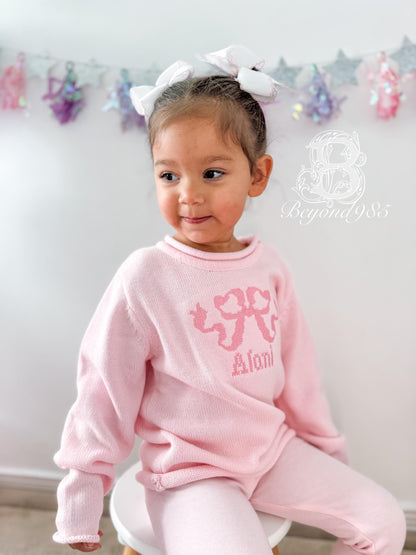 Pink Roll Neck Sweater with Pink Heirloom Bow