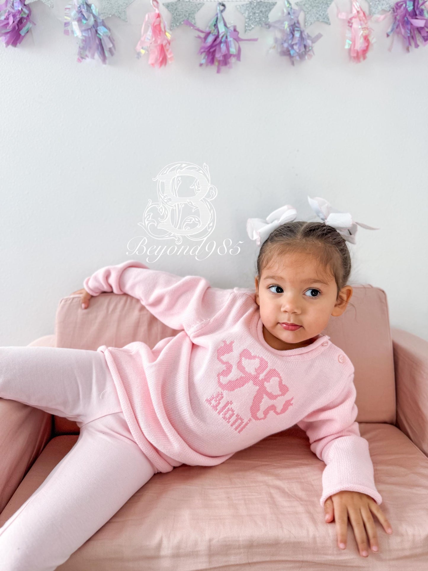 Pink Roll Neck Sweater with Pink Heirloom Bow