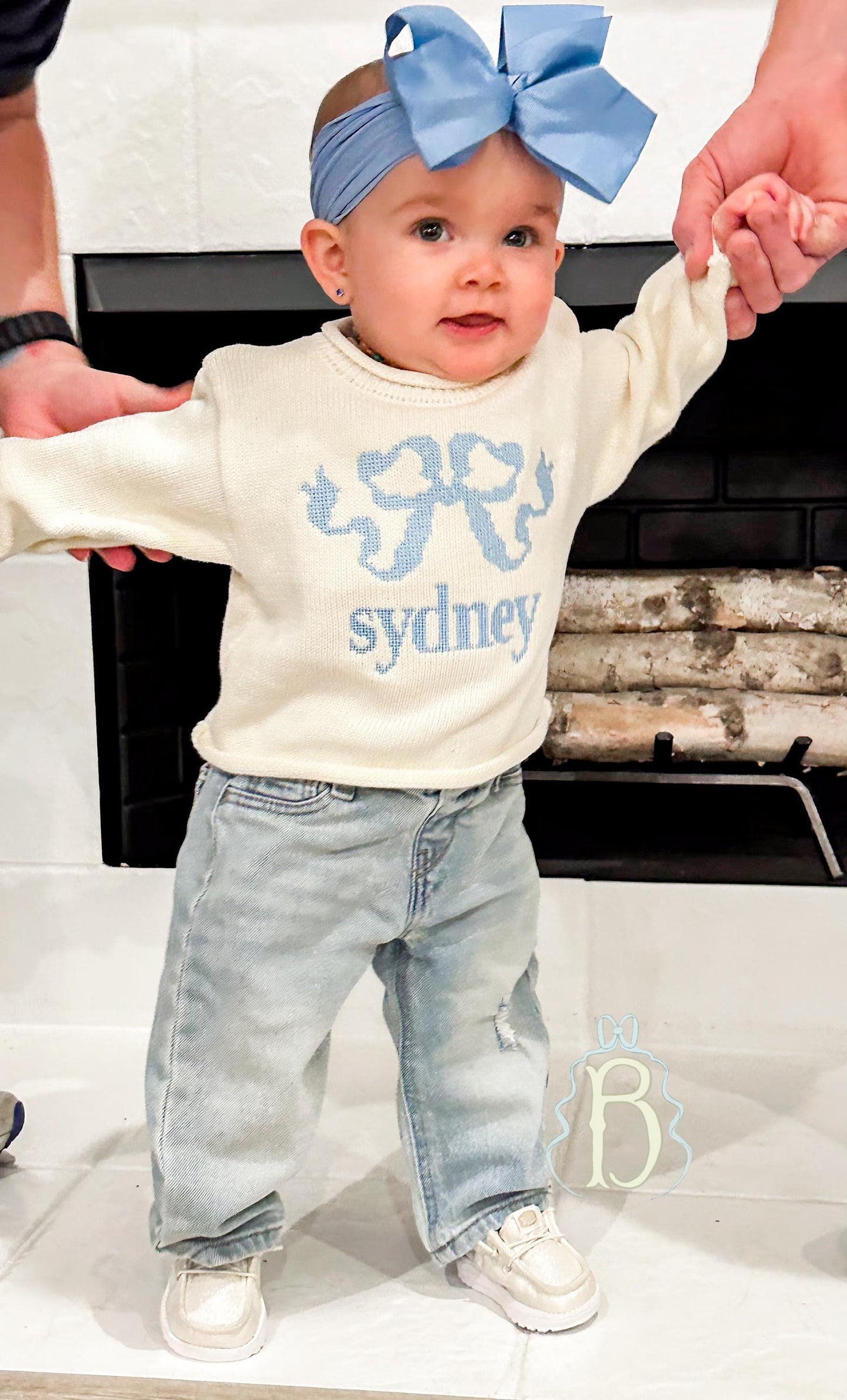 Cream Roll Neck Sweater with Blue Heirloom Bow