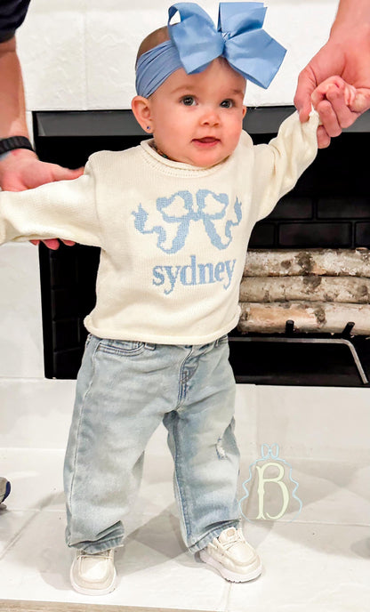 Cream Roll Neck Sweater with Blue Heirloom Bow