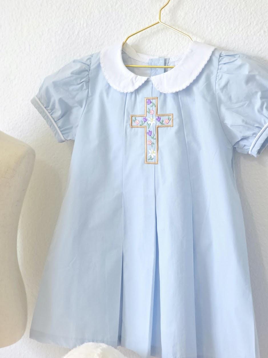 Easter Pleated Woven Dress - Floral Cross