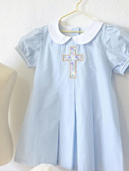 Easter Pleated Woven Dress - Floral Cross