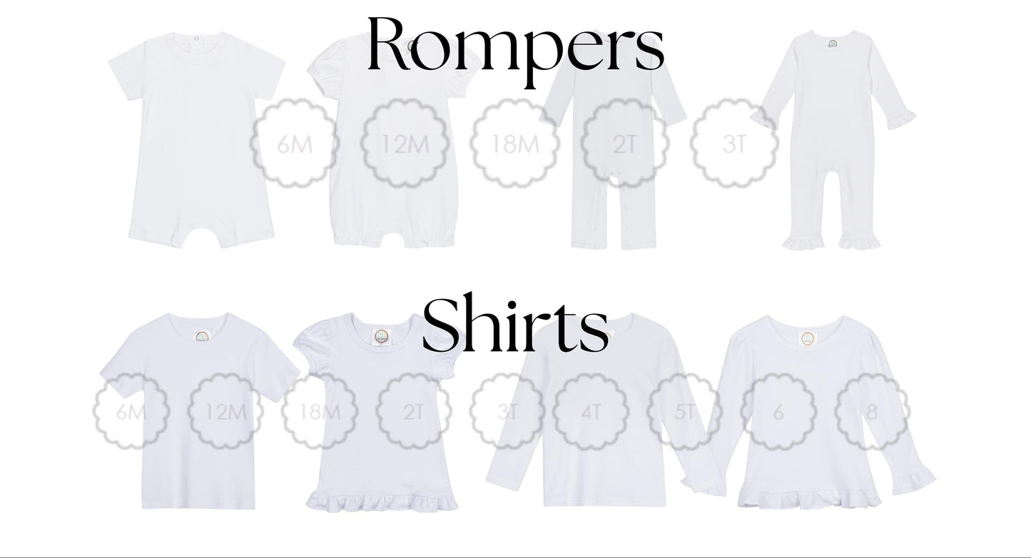 Collection of baby clothing items including bodysuits, rompers, and shirts on a white background.