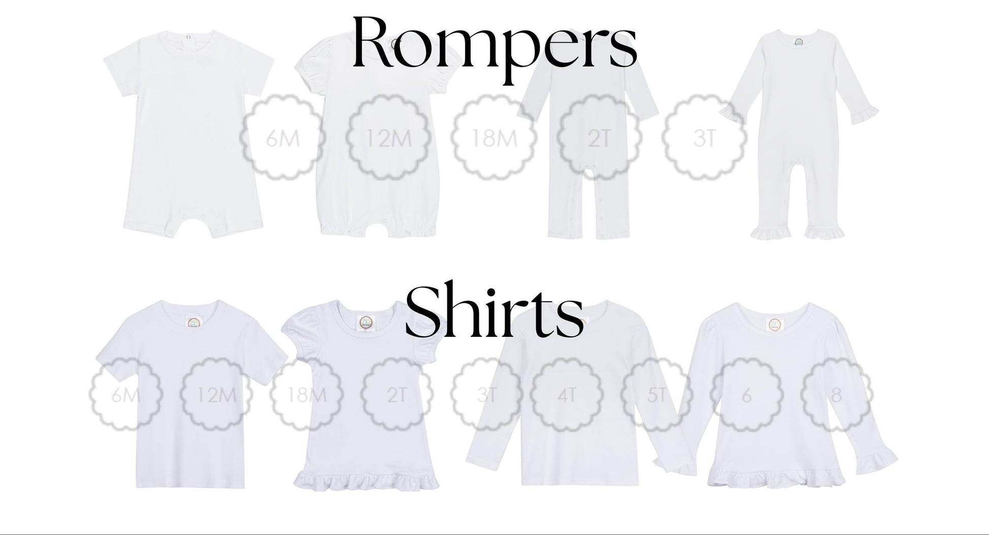 Collection of baby clothing items including bodysuits, rompers, and shirts on a white background.
