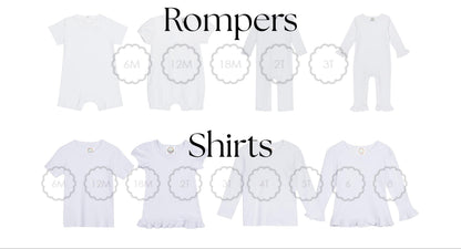 Collection of baby clothing items including bodysuits, rompers, and shirts on a white background.