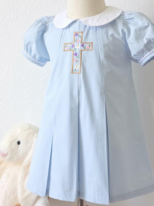 Easter Pleated Woven Dress - Floral Cross