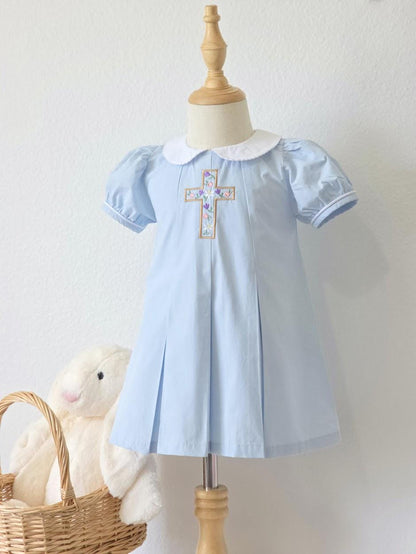 Easter Pleated Woven Dress - Floral Cross