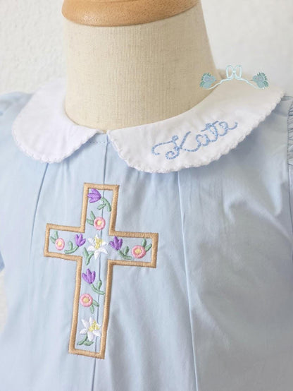 Easter Pleated Woven Dress - Floral Cross