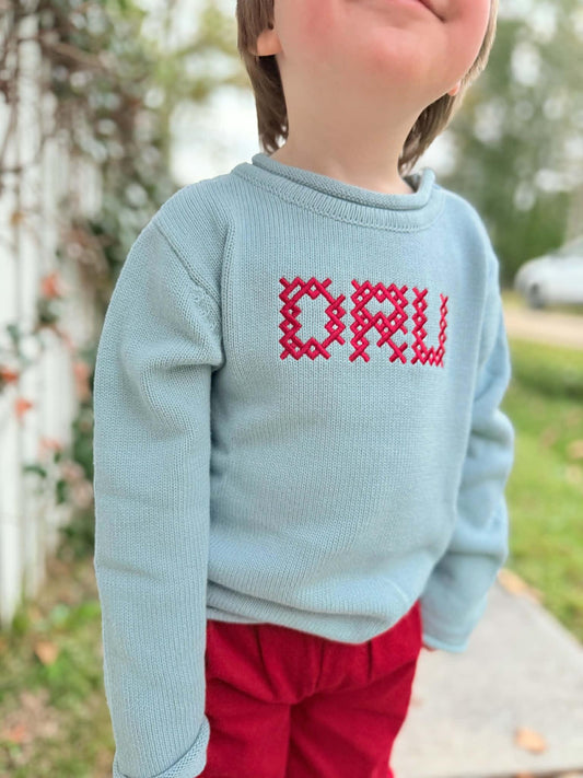 Roll Neck Sweater with Heirloom Cross Stitched Name