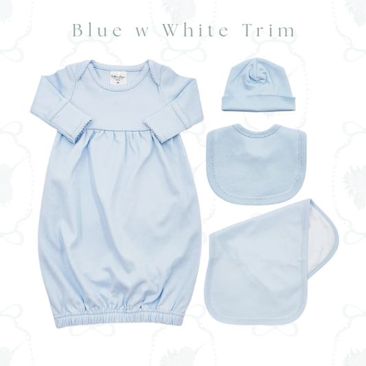 Personalized baby shower gift set with embroidered gown, hat, bib and burp cloth