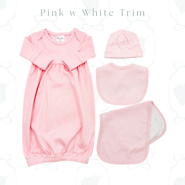 A baby clothing set in pink with white trim, including a long-sleeve footless gown, a bonnet, a bib, and a folded cloth, arranged on a white patterned background with the text 'Pink w White Trim' at the top.
