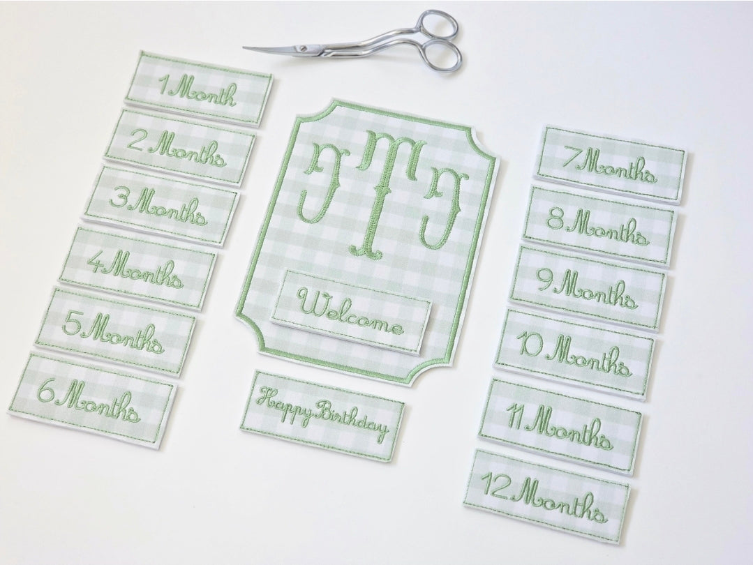 Personalized embroidered baby milestone set with interchangeable monthly pieces