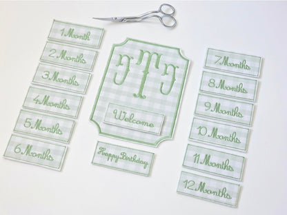 Personalized embroidered baby milestone set with interchangeable monthly pieces