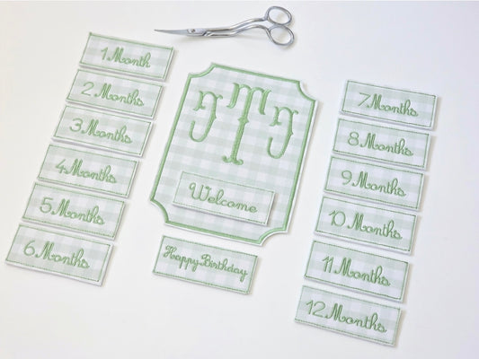 Personalized embroidered baby milestone set with interchangeable monthly pieces