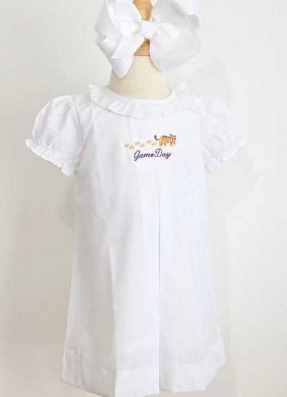 White ruffle collar girls dress with personalized game day tiger embroidery