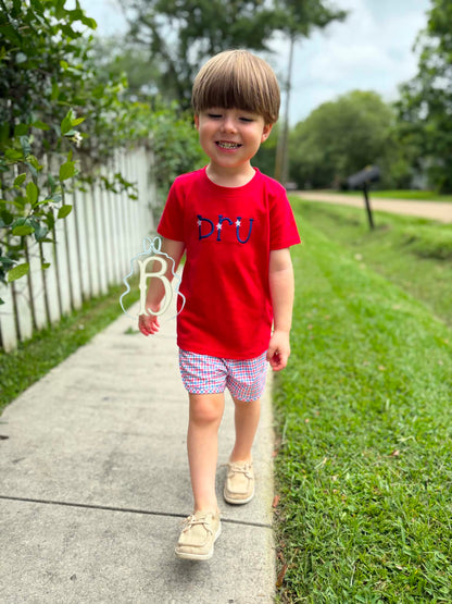 Toddler boy wearing personalized red patriotic embroidered shirt with red white and blue plaid shorts